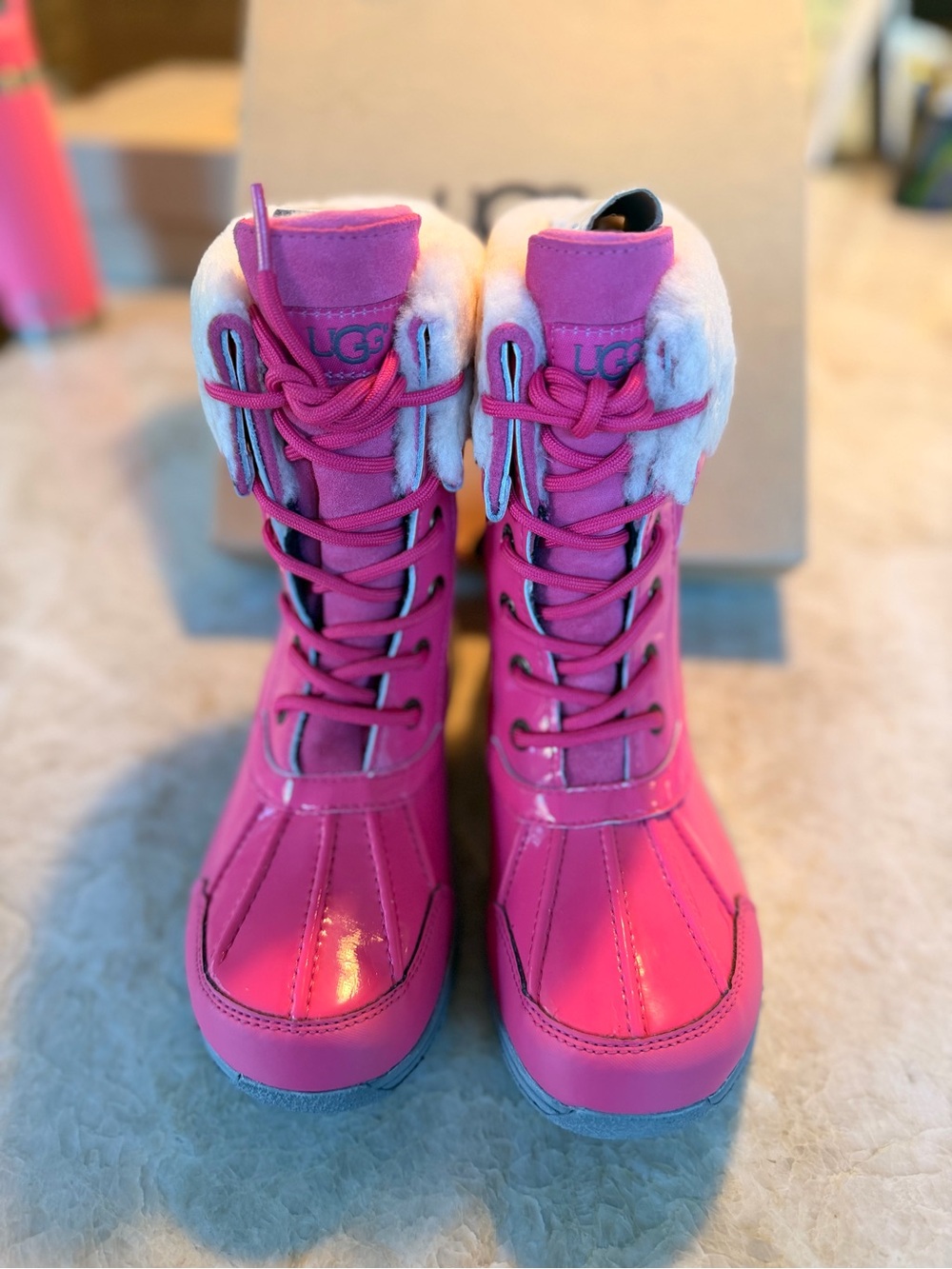 UGG Kids Pink Waterproof Lace-Up Snow Boots with White Shearling